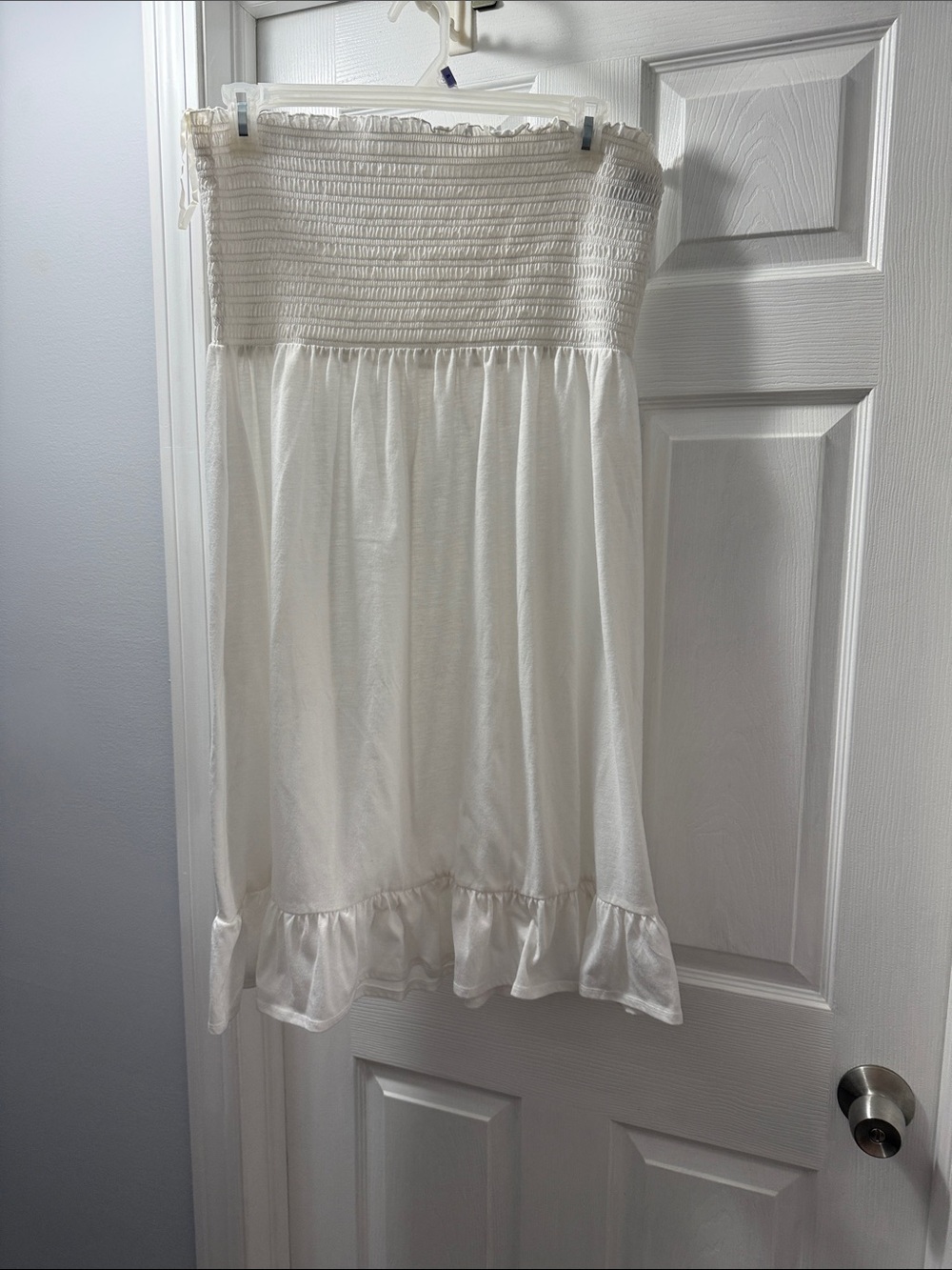 White Smocked Strapless Beach Coverup with Ruffle Hem